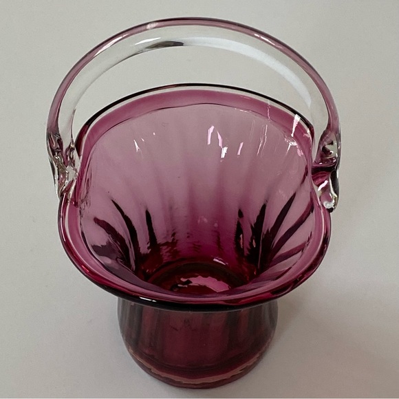 Cranberry Glass Basket by Pilgrim with Clear Glass Handles 5.5” high pink EUC - Picture 2 of 16